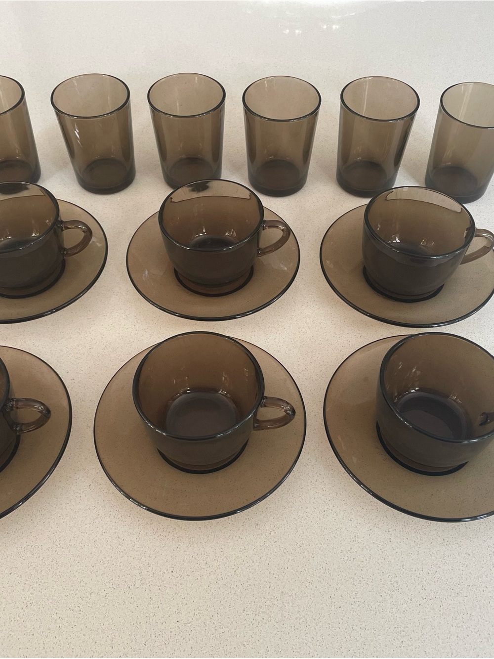 Duralex France Smoky Brown Glass Tea Cup and Saucer Set - 6 Cups with 6 Glasses